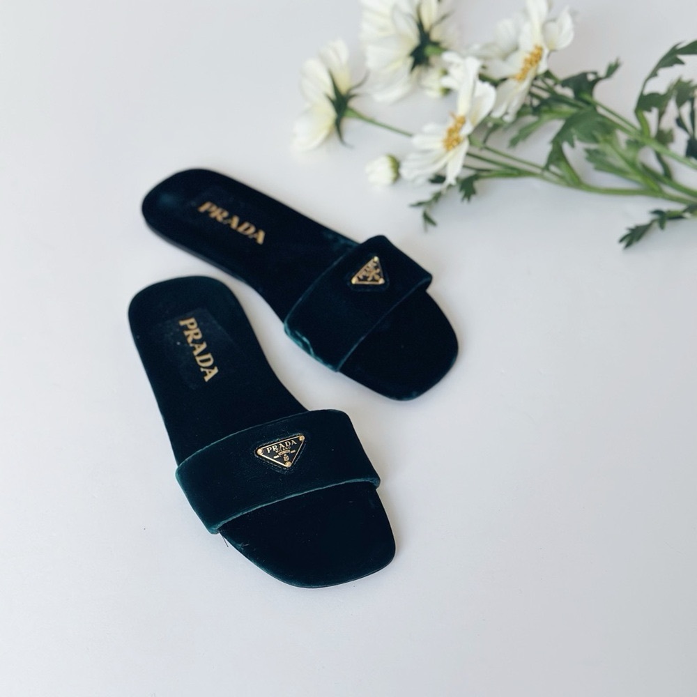 Prada Women’s Triangle Logo Dark Green Velvet Slide Sandals - Picture 4 of 13